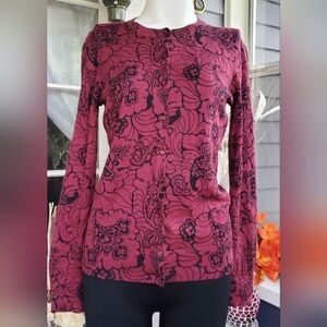 Loft Burgundy Floral Paisley Cotton Buttons Down Sweater Size Small.